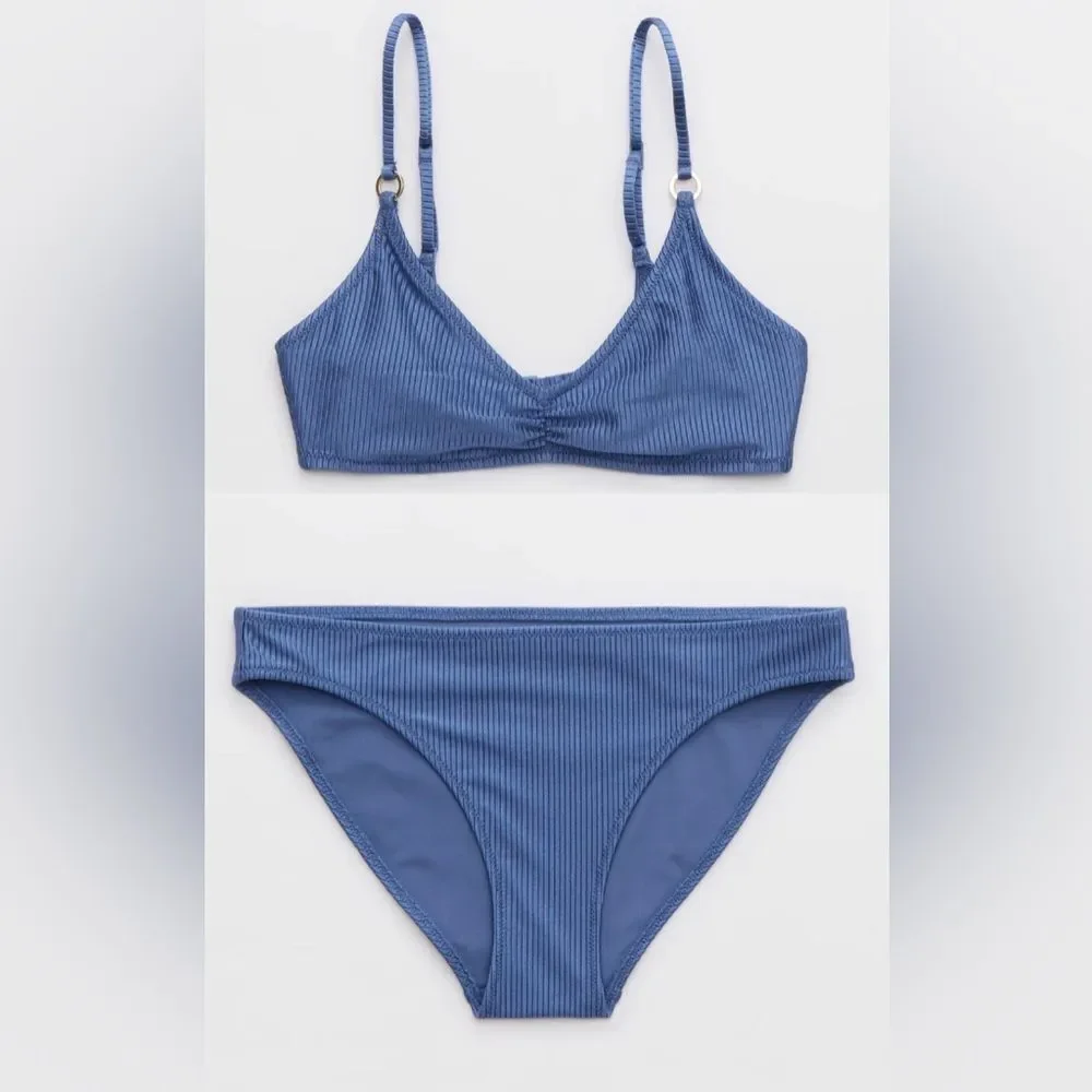 NWT Aerie FULL SET Beach Babe Shine Rib Voop Top + Full Coverage Bottom Blue - M